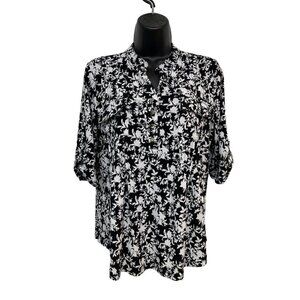 Elie Mc Carthy Womens Blouse Black flowered Buttons 3/4 Sleeve Top Size LP (C2)
